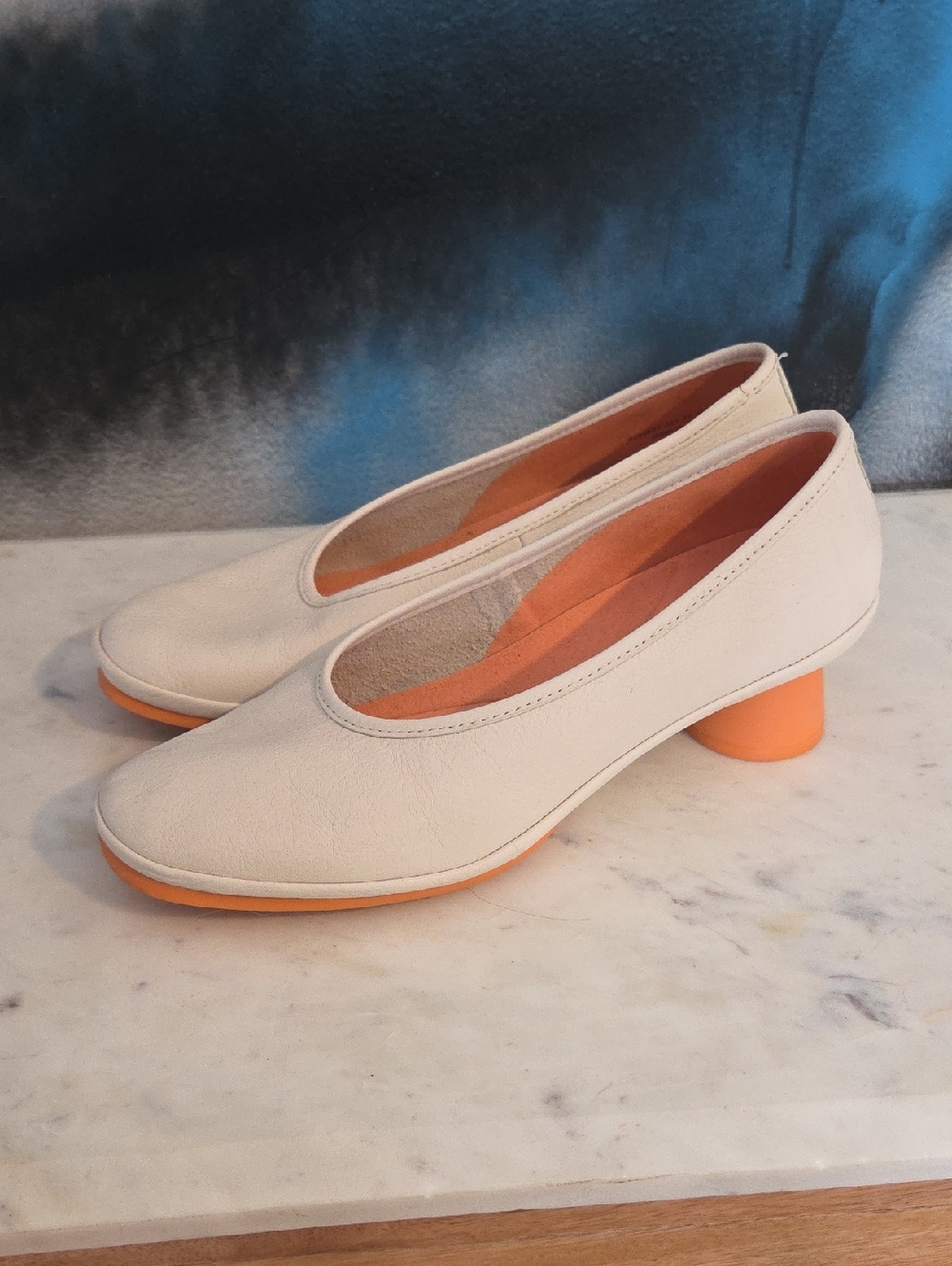 Camper Cream Pumps with Orange Low Block Heel
